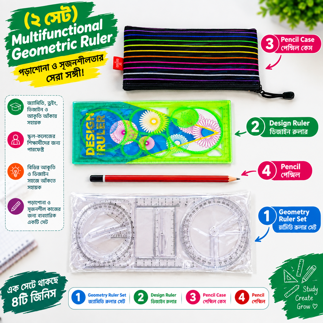(২ সেট ) Multifunctional Geometric Ruler